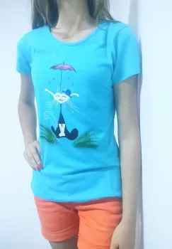 Tricou turcoaz pictat manual cu pisicuta si umbrela imagine