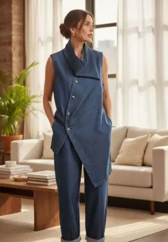 Vesta lunga arhitecturala cu design asimetric, din denim imagine