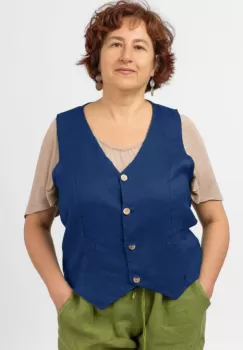 Vesta trendy din in cu colturi si nasturi de lemn, albastru electric imagine