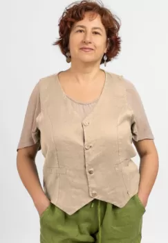 Vesta trendy din in cu colturi si nasturi de lemn, bej imagine