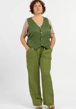 Vesta trendy din in cu colturi si nasturi de lemn, verde olive imagine