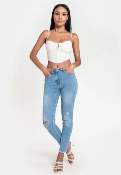 Blugi slim dama cu detalii rupte, Albastru deschis P501-6 M10 imagine