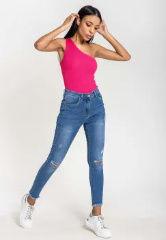 Blugi slim dama cu detalii rupte, Albastru P501-5 M10 imagine