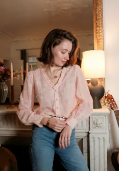 Camasa roz cu print floral si detalii brodate, 4819T imagine