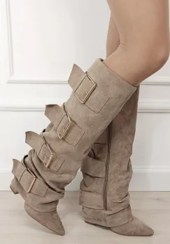 Cizme bej elegante cu toc comod 7677A-1 19 imagine