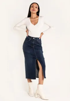 Fusta albastru inchis de denim cu slit frontal P215 M10 imagine