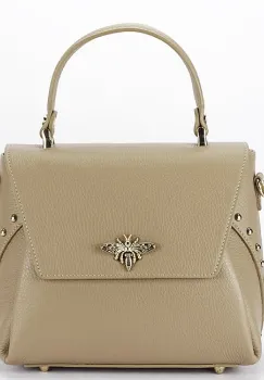 Geanta din piele naturala bej taupe cu brosa 1505A 123 imagine