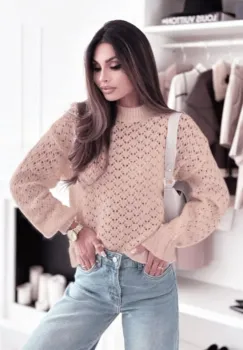 Pulover roz pudra tricotat cu model SH-G1389-WK M8 imagine