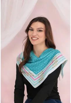 Esarfa patrata din matase satinata cu imprimeu turcoaz-roz si bordura in dungi imagine