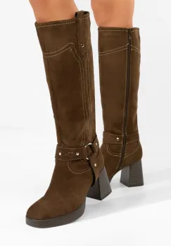 Cizme lungi cu toc gros Lionia maro imagine