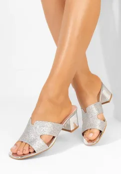 Papuci cu toc gros Astryd argintii imagine