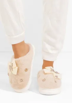 Papuci de casa pufosi Solenis bej imagine